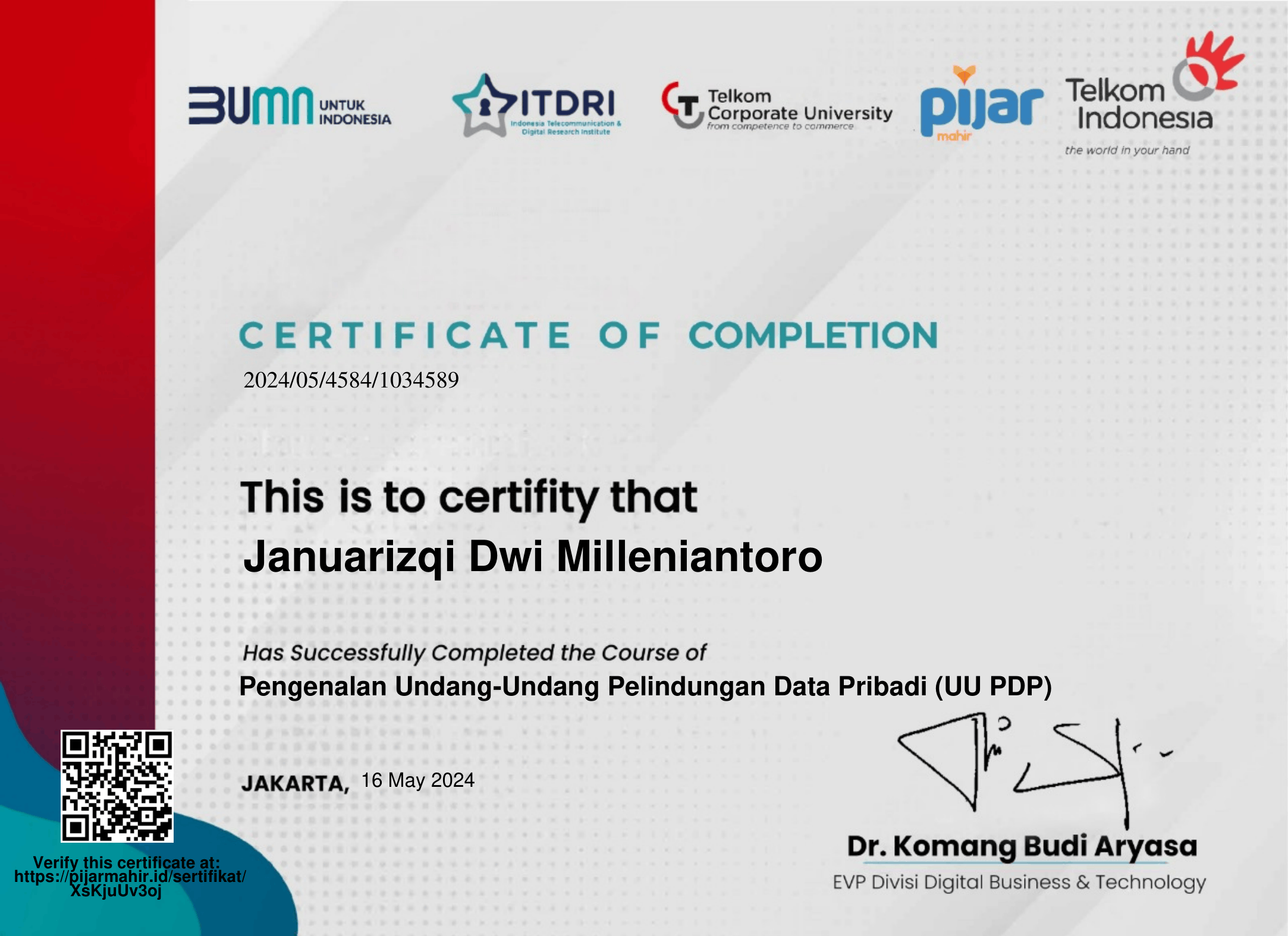 Sertifikat Pengenalan Undang Undang Pelindungan Data Pribadi UU PDP